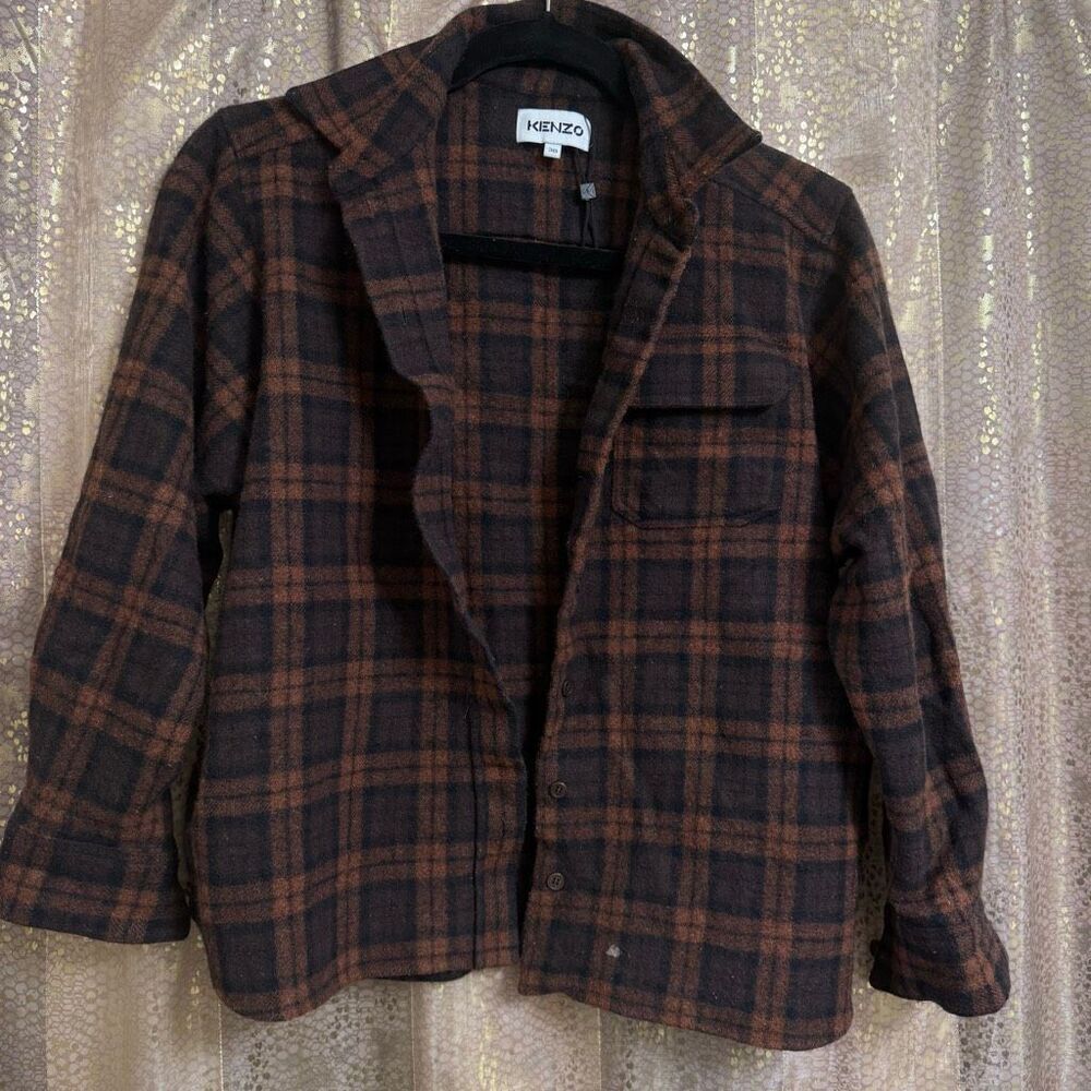 KENZO Brown Black Wool Flannel Button Down Shirt Women's S/M FR38